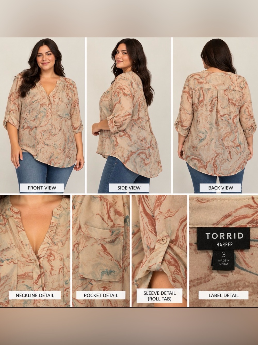 torrid Marble-Print V-Neck Blouse in Beige with Rust & Teal Swirls